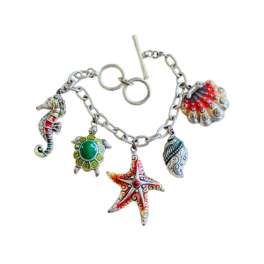 Charm Bracelet StarFish Seahorse Oyster Shell Turtle Cruise Statement Chunky‎ 7"